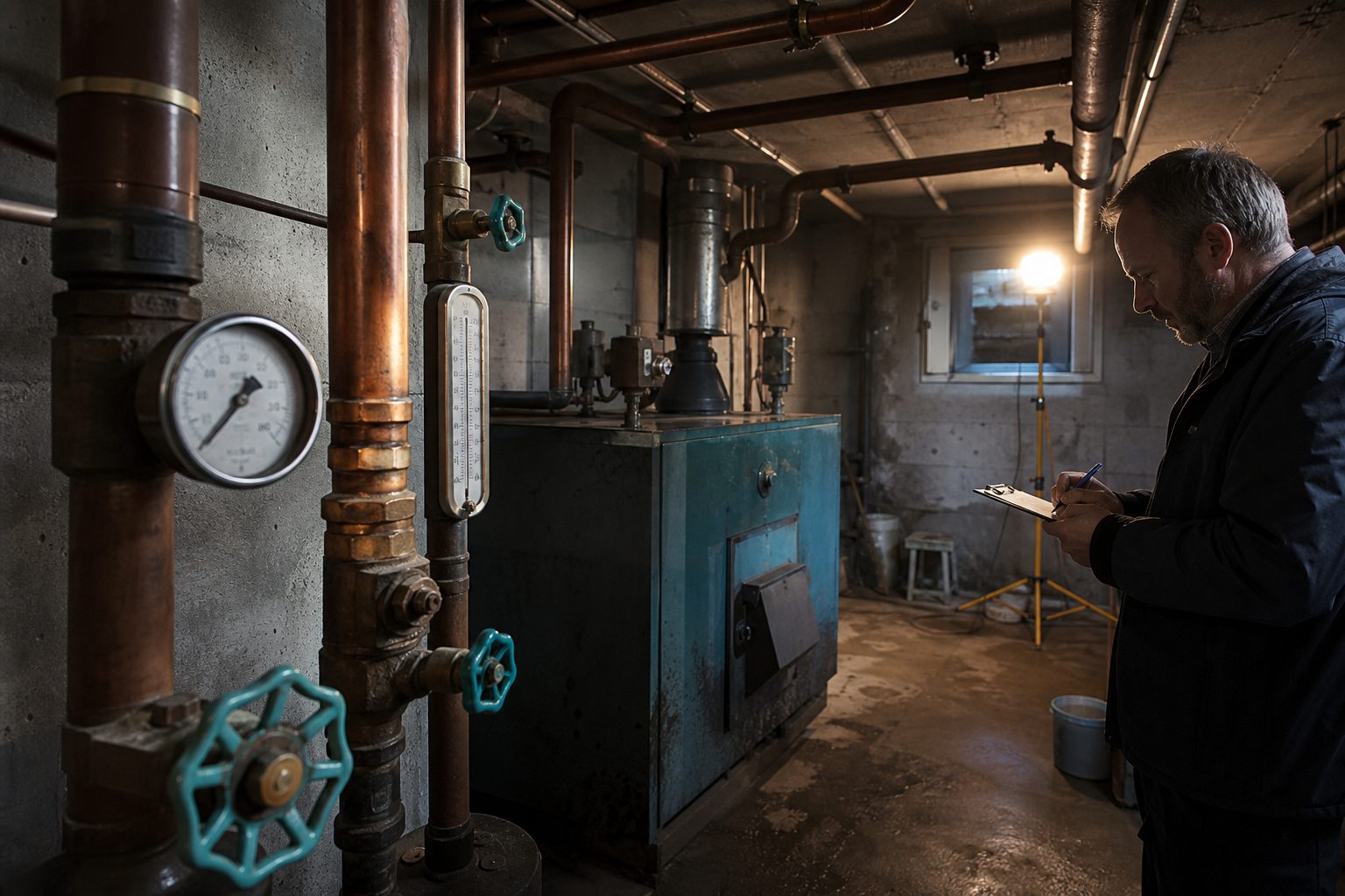 Aging gas boiler and copper piping in a grey basement mechanical room lit by a portable work light