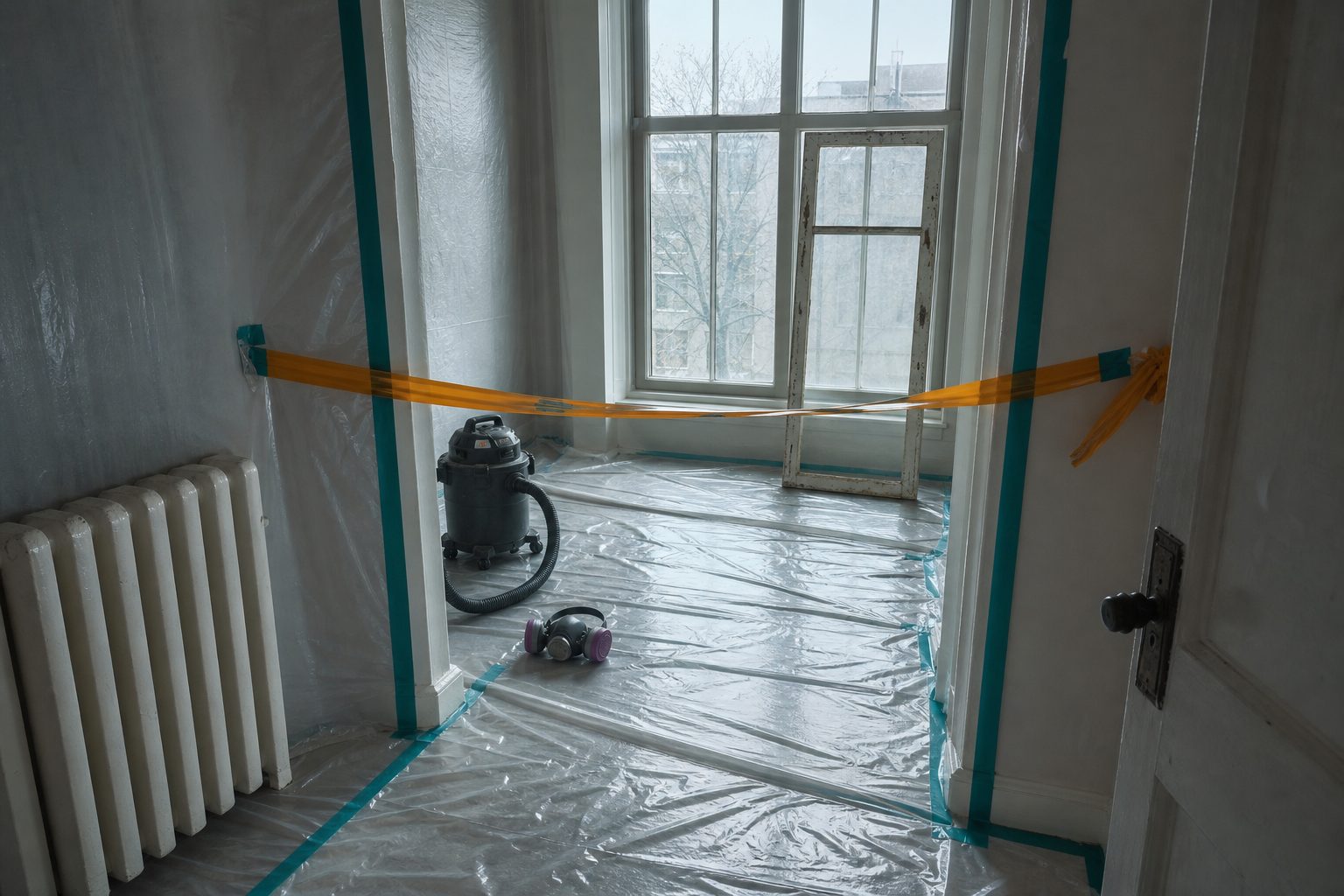 Plastic containment sheeting, HEPA vacuum, and respirator around an old window sash during a lead safe repair