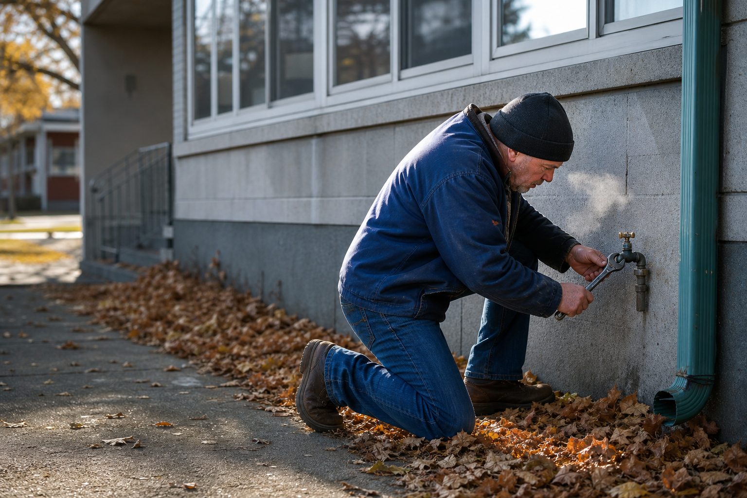 Landlord kneeling with a wrench at an exterior hose bib on a grey apartment building on a cold autumn morning