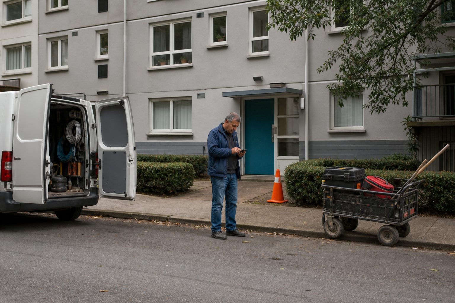Contractor van and a maintenance cart parked outside a grey apartment building with a teal entry door