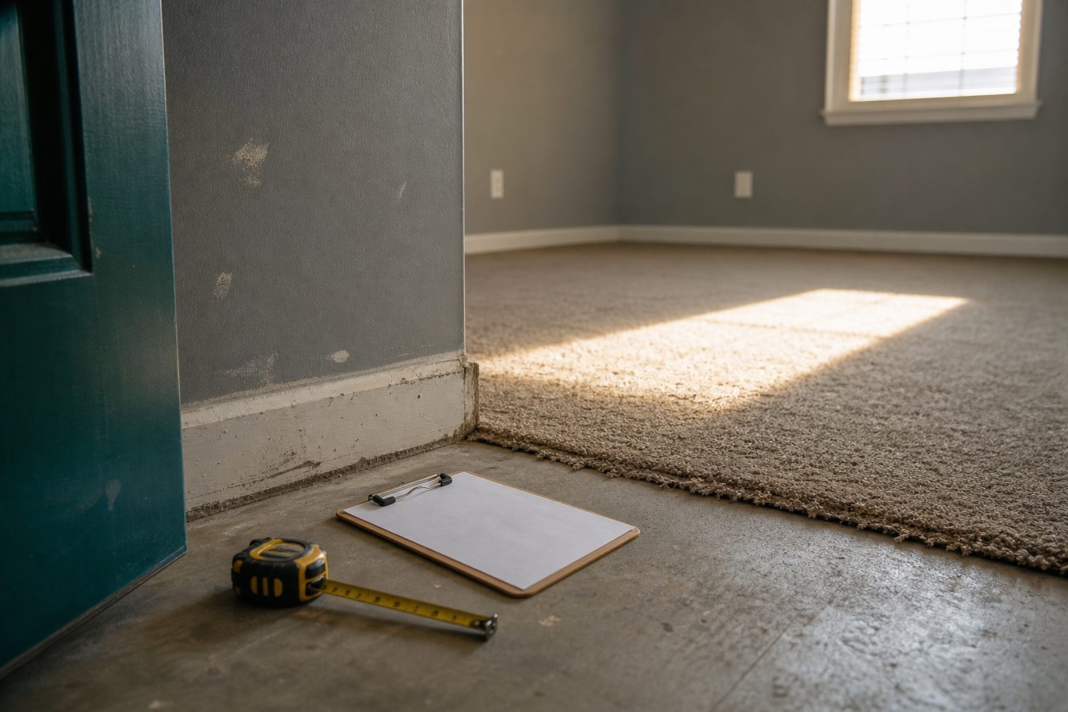 Worn carpet edge and scuffed baseboard in an empty rental unit with a clipboard and tape measure on the floor