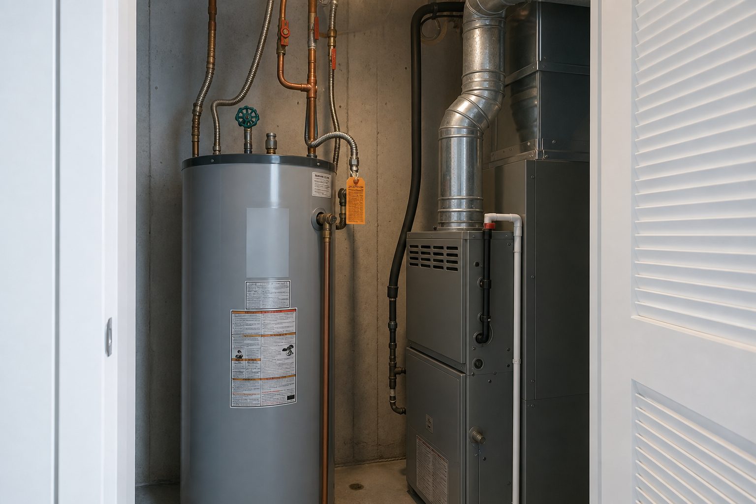 Water heater and furnace in a rental unit utility closet with a teal shutoff valve and a hanging inspection tag