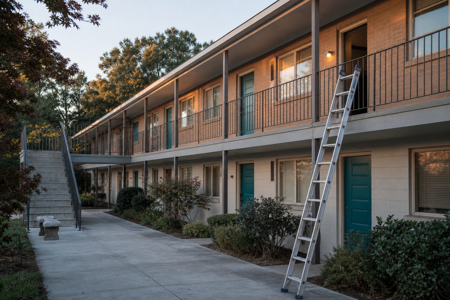 Two story 1960s garden apartment building with teal doors, exterior stairs, and a maintenance ladder by an open unit
