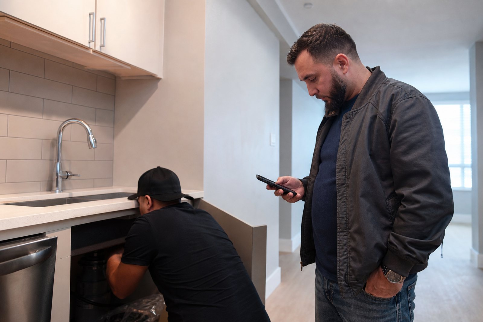 Landlord kneeling at an open kitchen sink cabinet in a rental apartment, photographing a leaking supply line with a phone