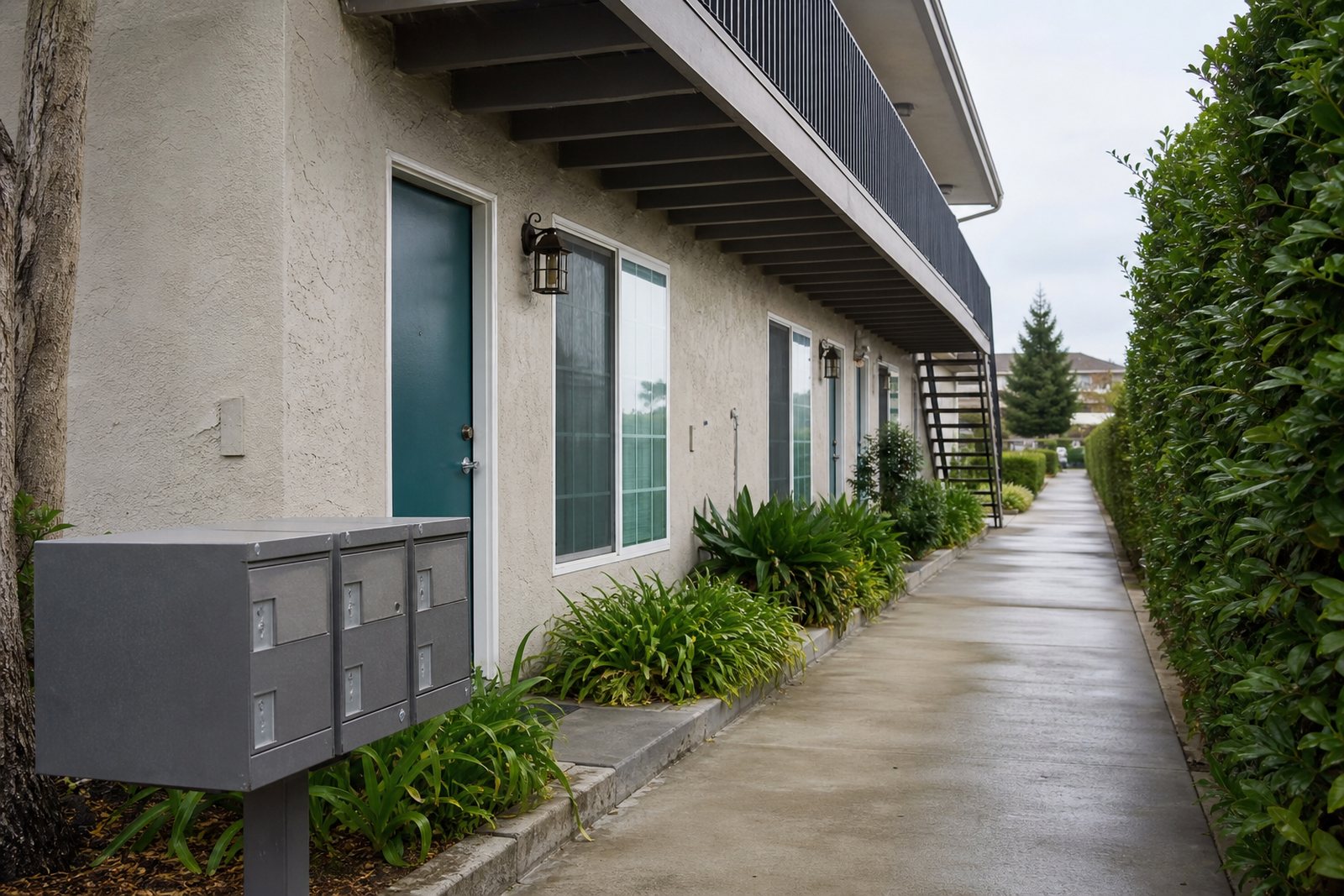 Exterior walkway of a small American multifamily rental building with mailboxes and painted apartment doors on an overcast day